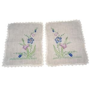 Set of 2‎ Vintage Hand Embroidered Cross Stitch Floral Doilies Crochet Trim 11"